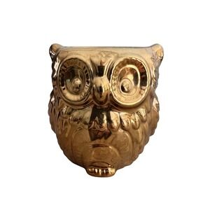 Shiny Metallic Gold Owl Ceramic Pot Planter Holder Decor 4.5"